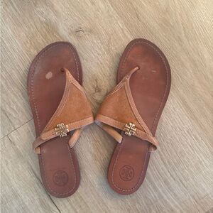 Tory Burch Tan Leather & Suede Thong Sandals with Gold Logo